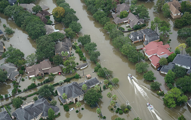 aerial view of flood waters in residential area