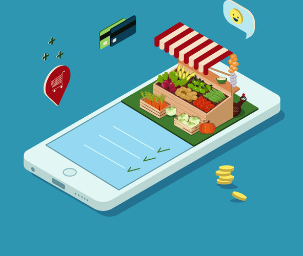 Concept of online ordering of farm products. Mobile phone with an image of a shopping tent in isometry.